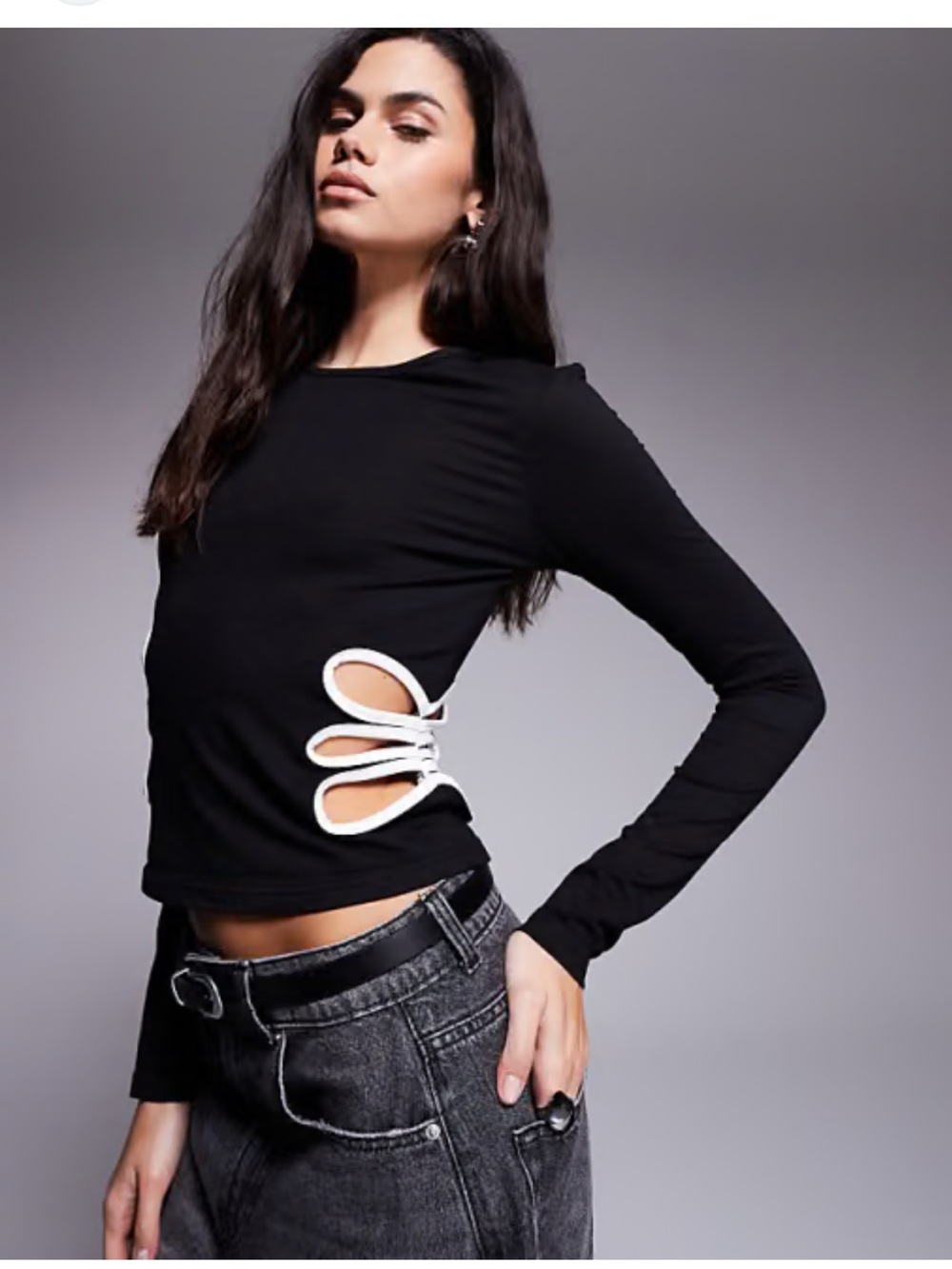 Edikted Black Long Sleeve Tee with White Lace-Up Cutouts